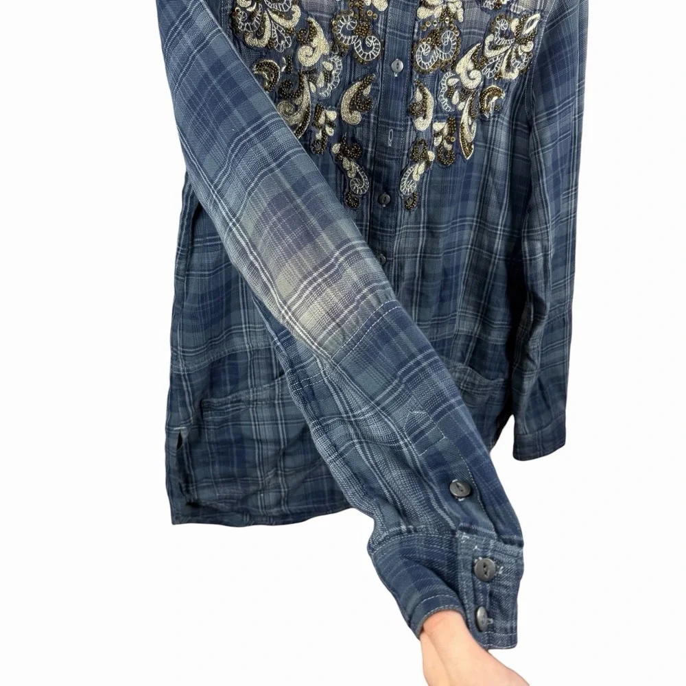 Free People Sz XS Stevie's Embellished Plaid Button-Down Shirt‎ Top Blue